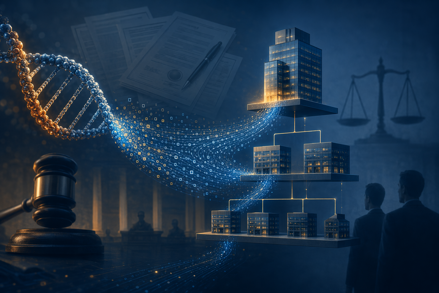 DNA double helix becoming data streams inside a corporate acquisition and legal setting