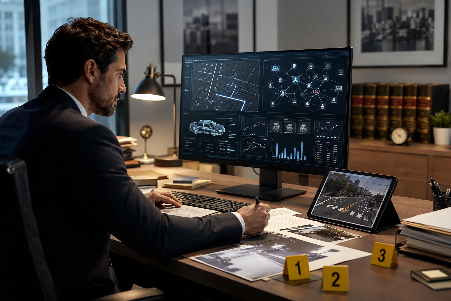 Legal professional reviewing AI case analytics and hit-and-run evidence markers at a modern desk