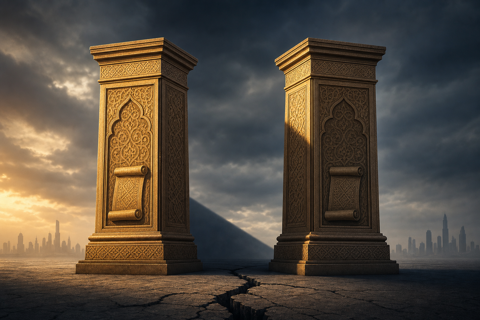 Two legal convention pillars divided by a crack in the ground