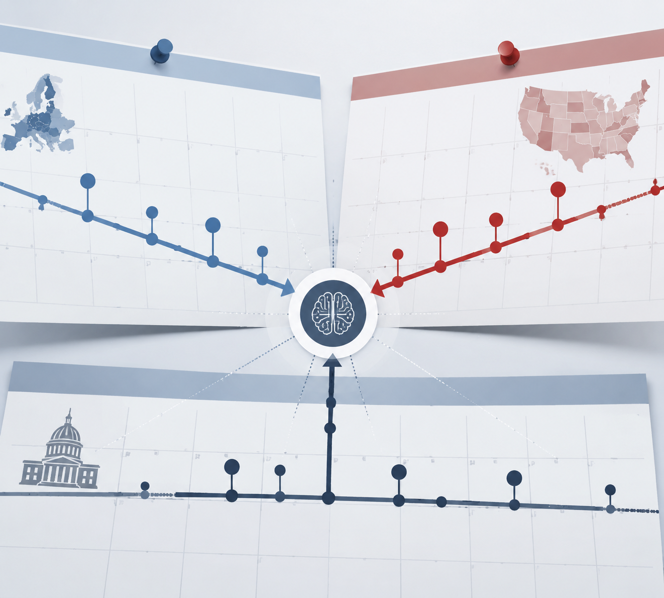 Overlapping regulatory timeline strips converging toward one AI deployment