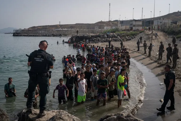 Floating barrier deployed in coastal water near Ceuta in early August 2026