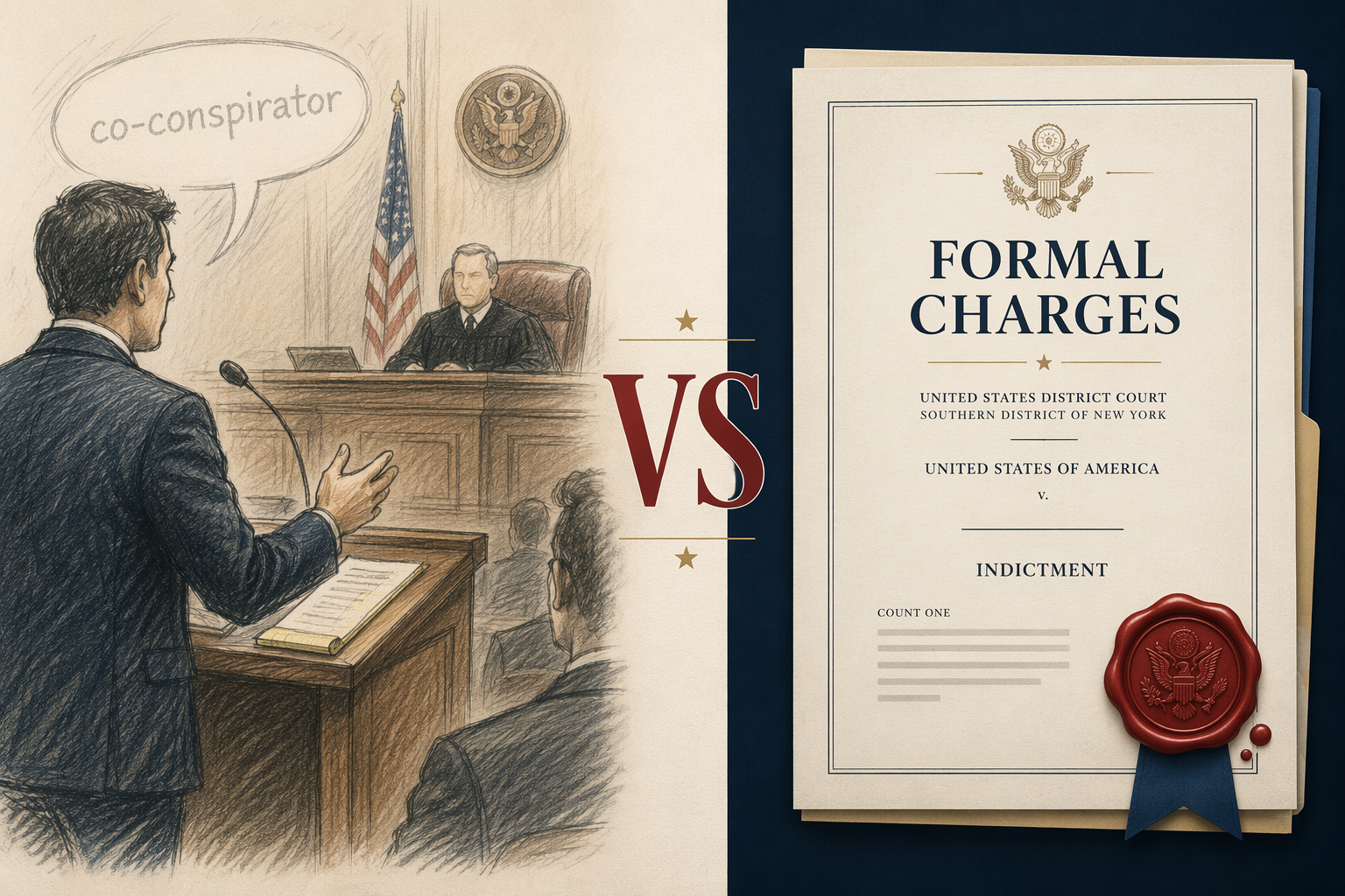 Split-screen comparison of a prosecutor using the term co-conspirator and a formal charging document