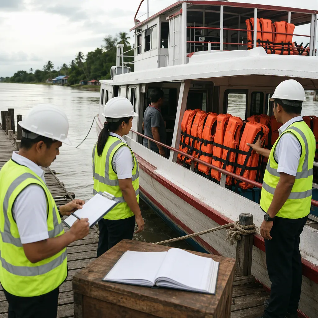 Maritime safety inspectors examining life jackets and railings on a passenger ferry at a tropical dock