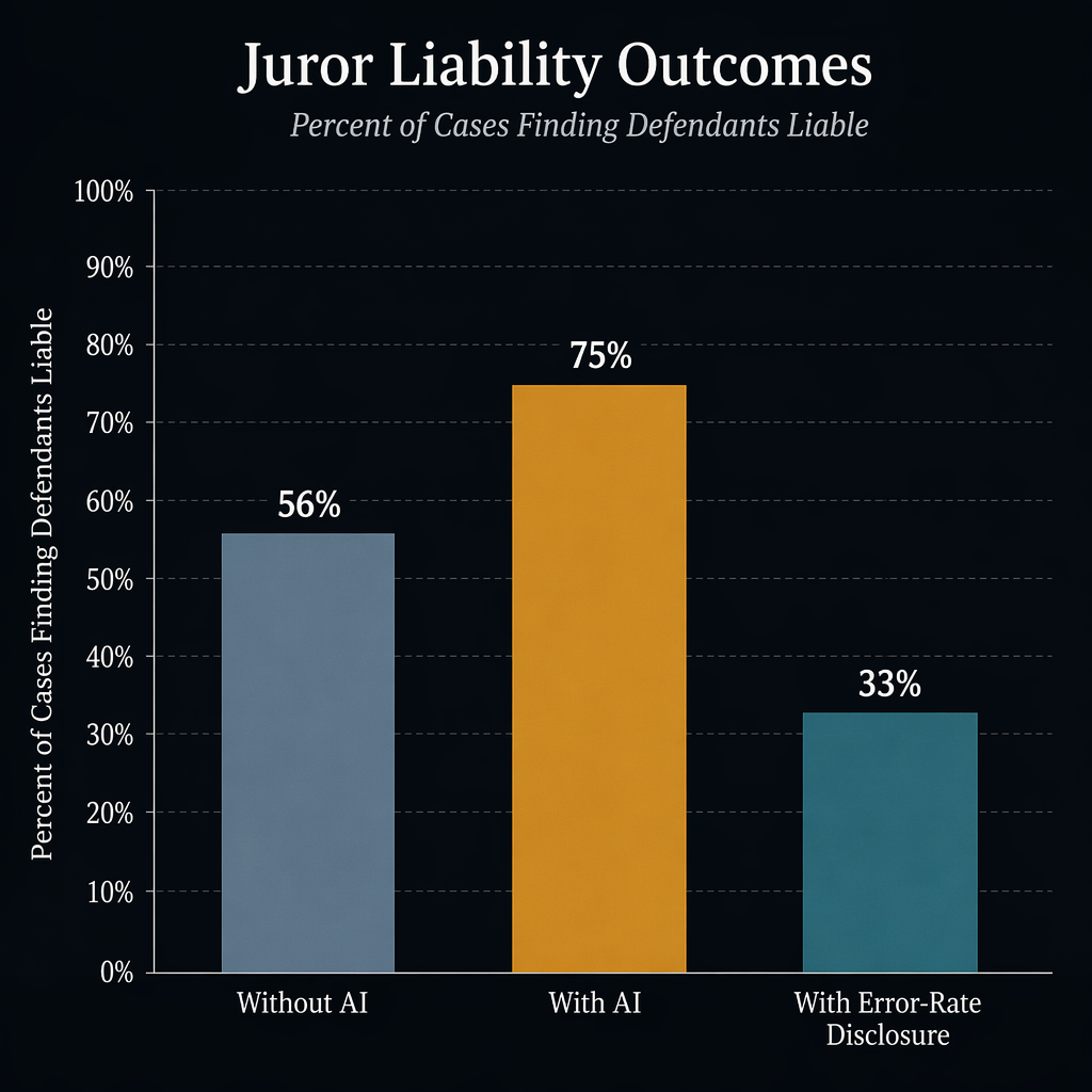 Editorial bar chart comparing juror negligence findings without AI, with AI, and with error-rate disclosure