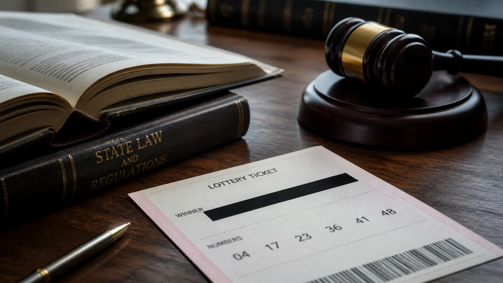 Lottery ticket with the winner name line redacted beside open law books and a gavel