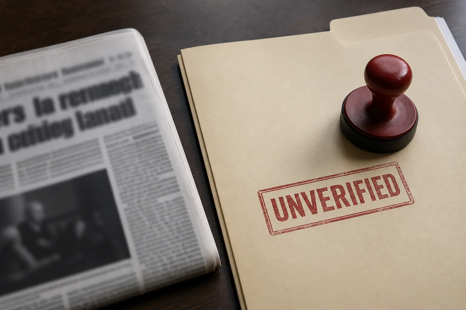 Printed news page beside a legal file stamped unverified