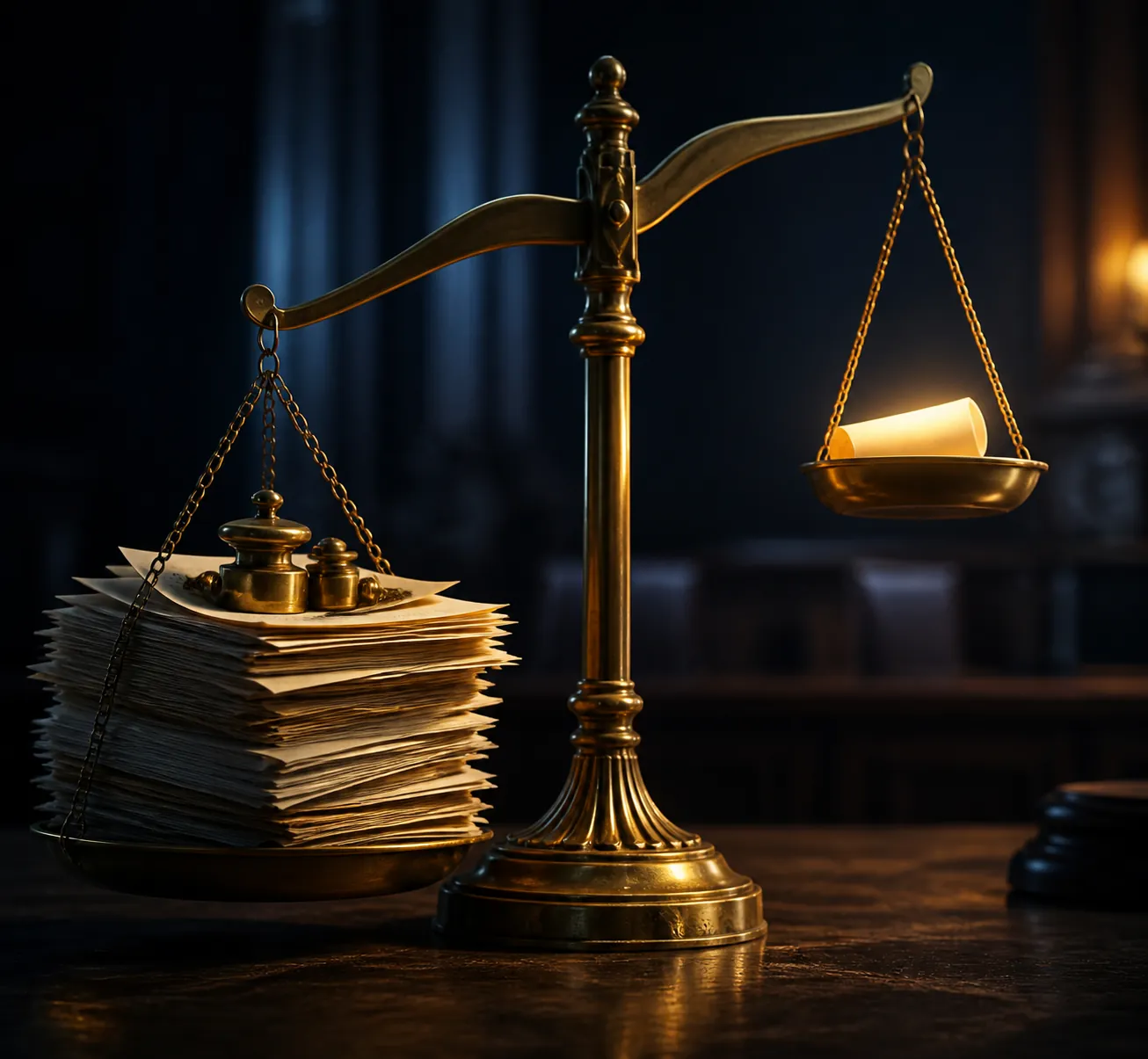 A brass justice scale with legal papers weighing one pan and a glowing scroll in the other