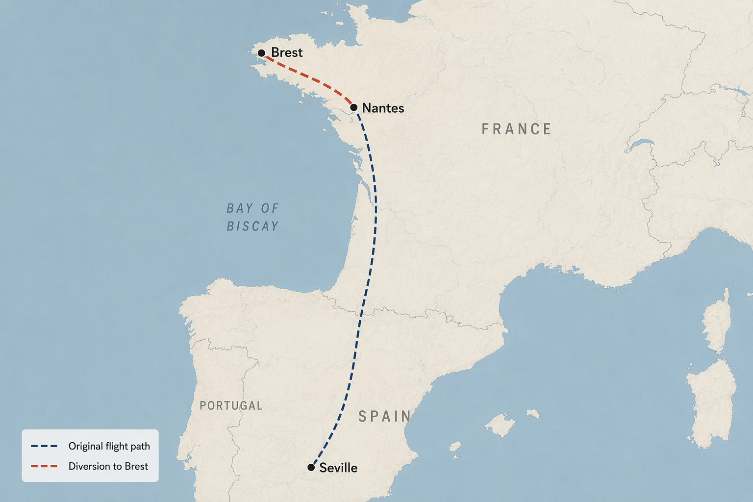 Route map showing Ryanair FR5448 from Seville toward Nantes with a diversion leg to Brest