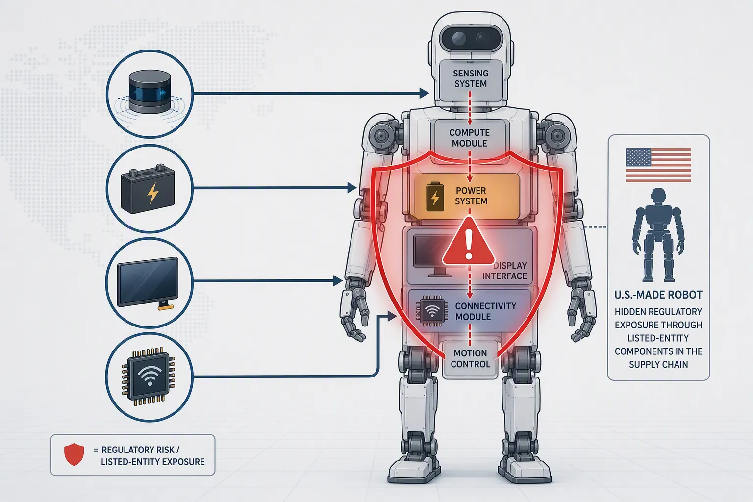 Supply-chain diagram showing LiDAR, battery, display, and networking components feeding into a humanoid robot