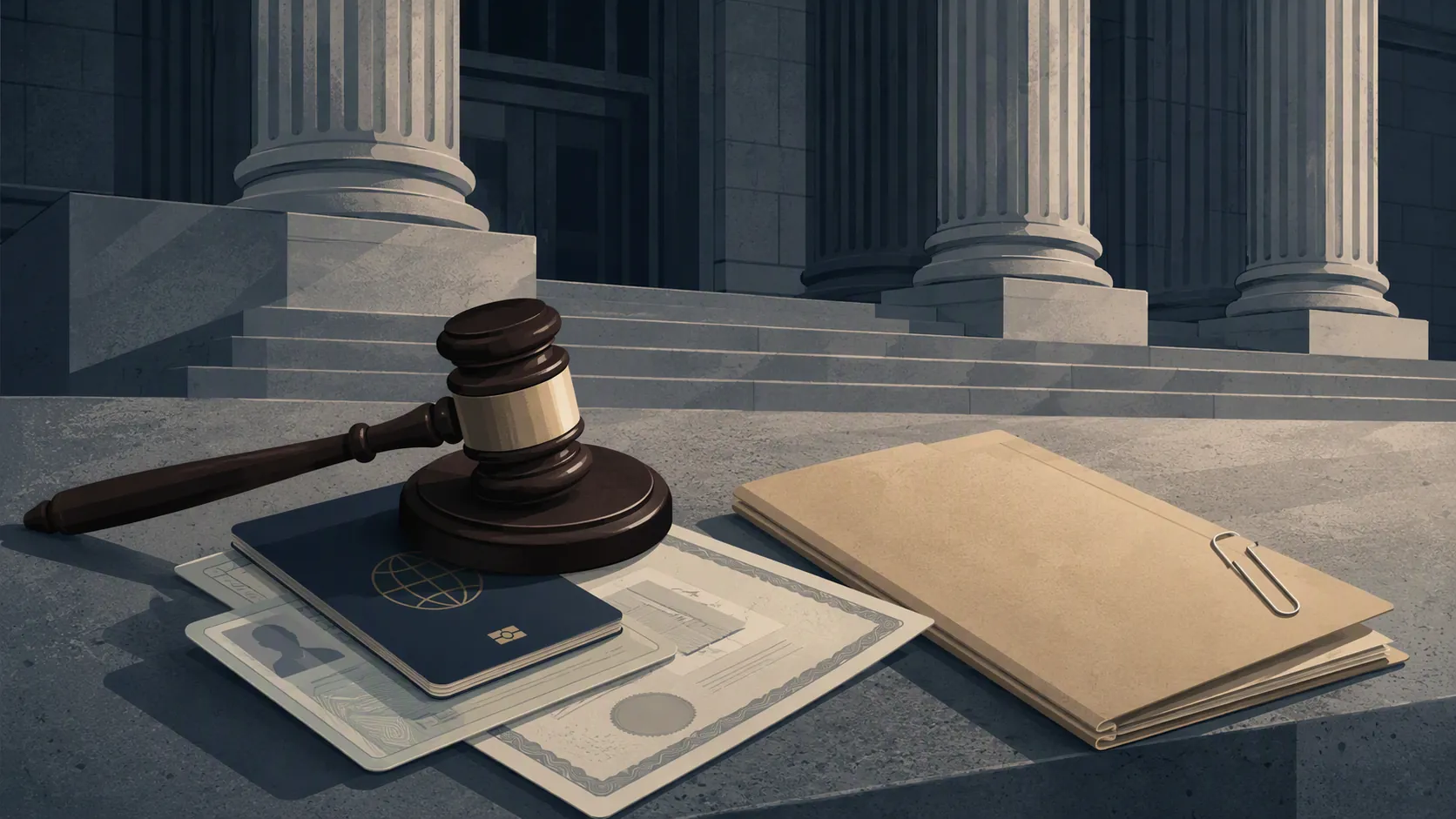 Federal courthouse entrance with a gavel, identity documents, and a case file