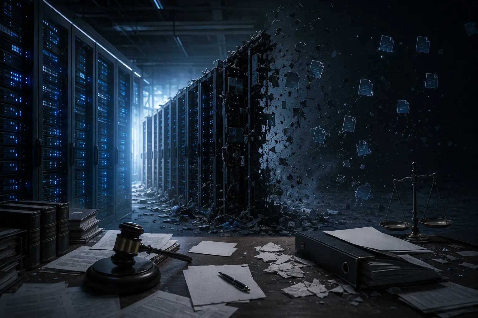 Server room and lawyer desk showing missing digital case files and damaged legal documents