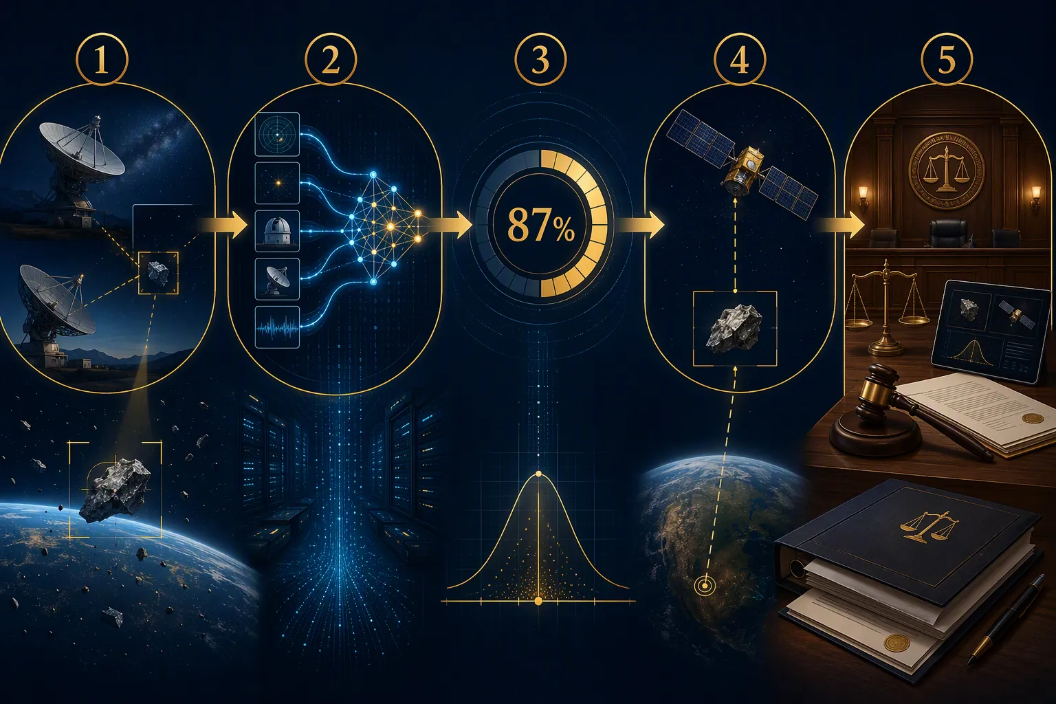 Five-step workflow from debris detection to neural network fusion, probabilistic output, attribution, and courtroom review