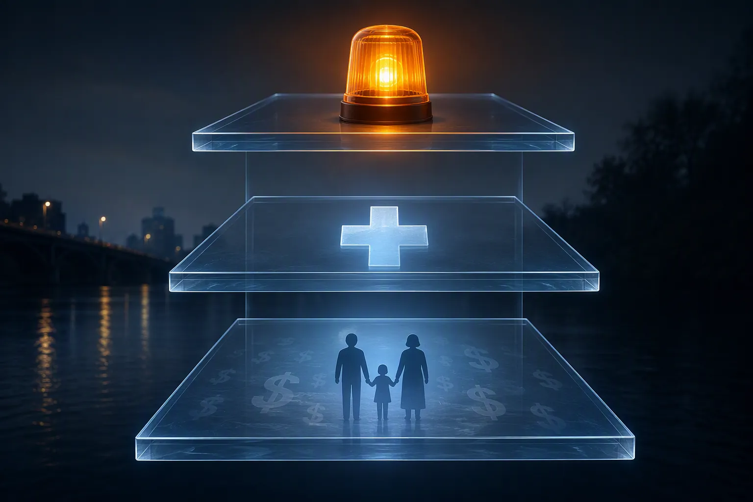 Layered civil damages model over a dark river showing wrongful death damages, Survival Act damages, and punitive damages