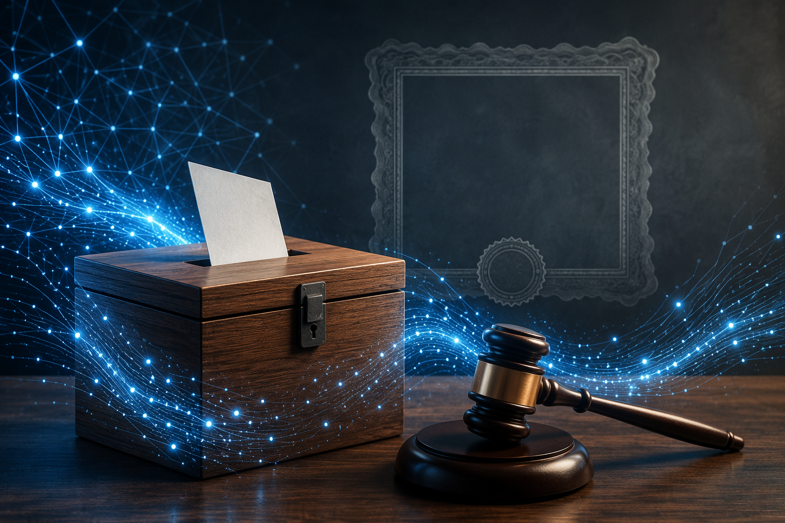 Ballot box and gavel surrounded by digital data streams suggesting an election technology certification gap
