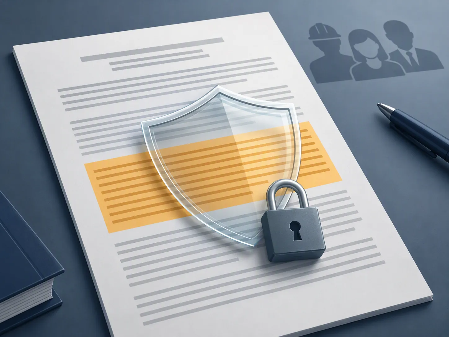Collective bargaining agreement page with one highlighted clause and a translucent shield