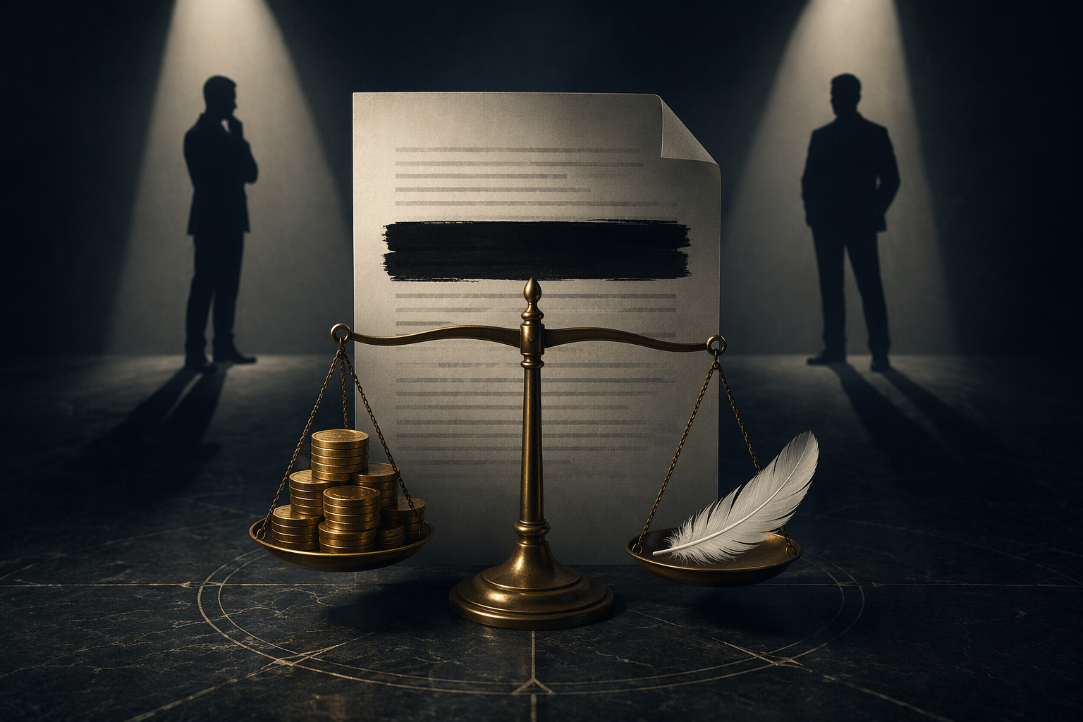 Redacted legal document beside a weighted scale and faint silhouettes