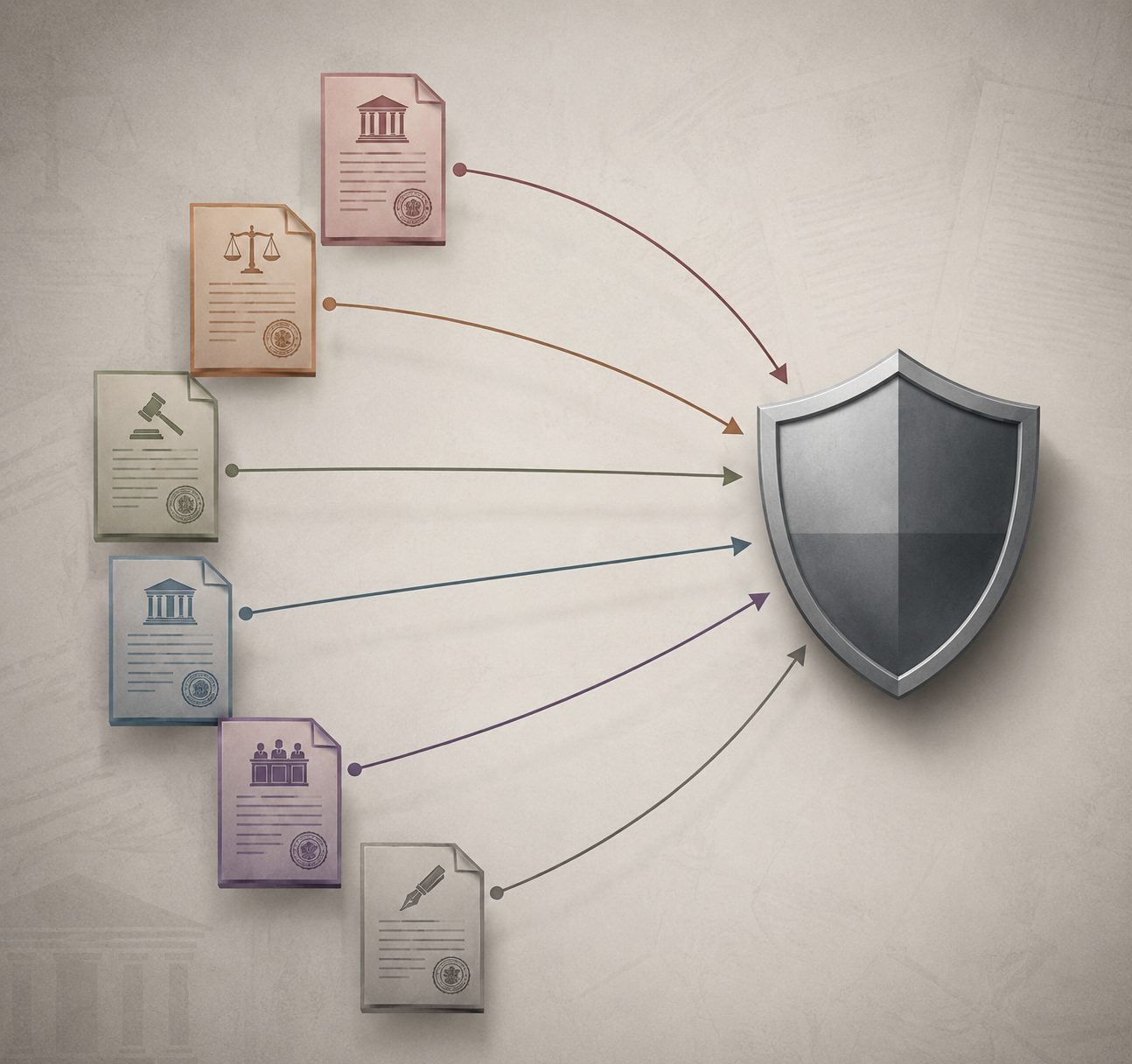 Six legal document icons sending lines of pressure toward a shield