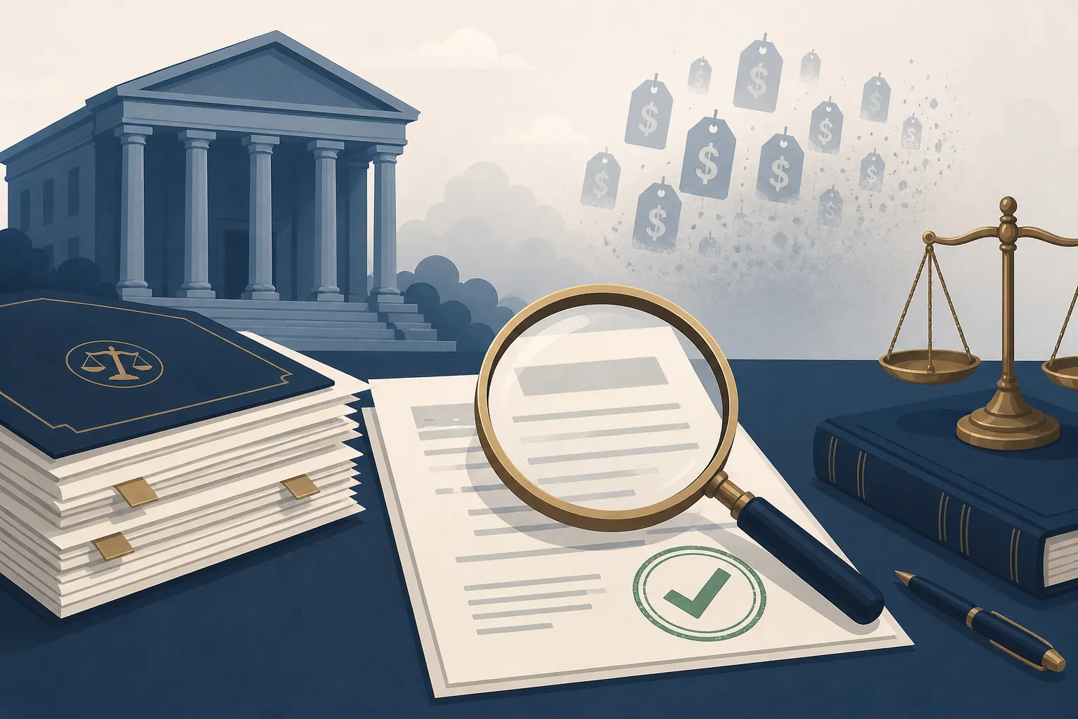Court documents checked with a magnifying glass while blurred price tags fade in the background