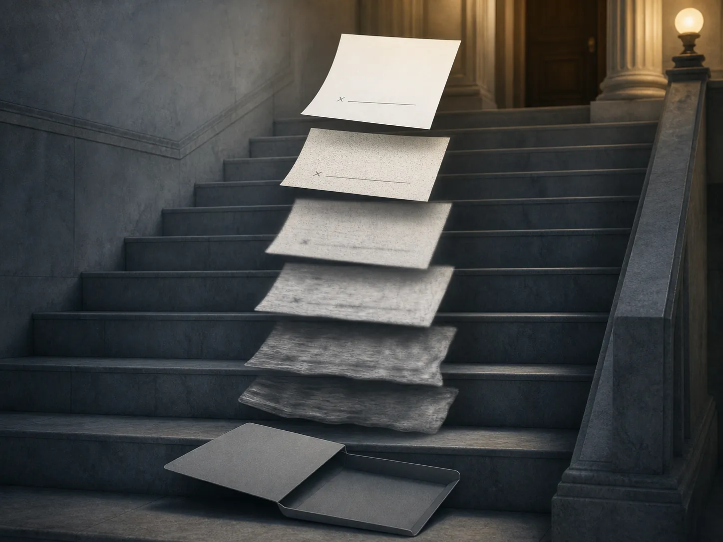 Document chain fading from original paper to blurry copies and an empty file folder