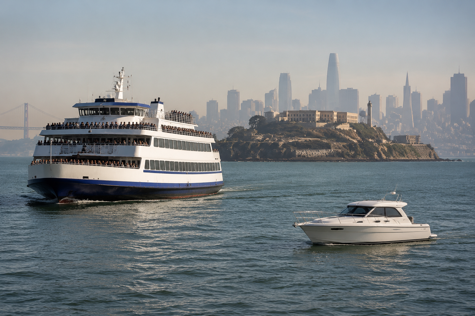 A commercial passenger ferry and a small cabin cruiser in San Francisco Bay near Alcatraz Island