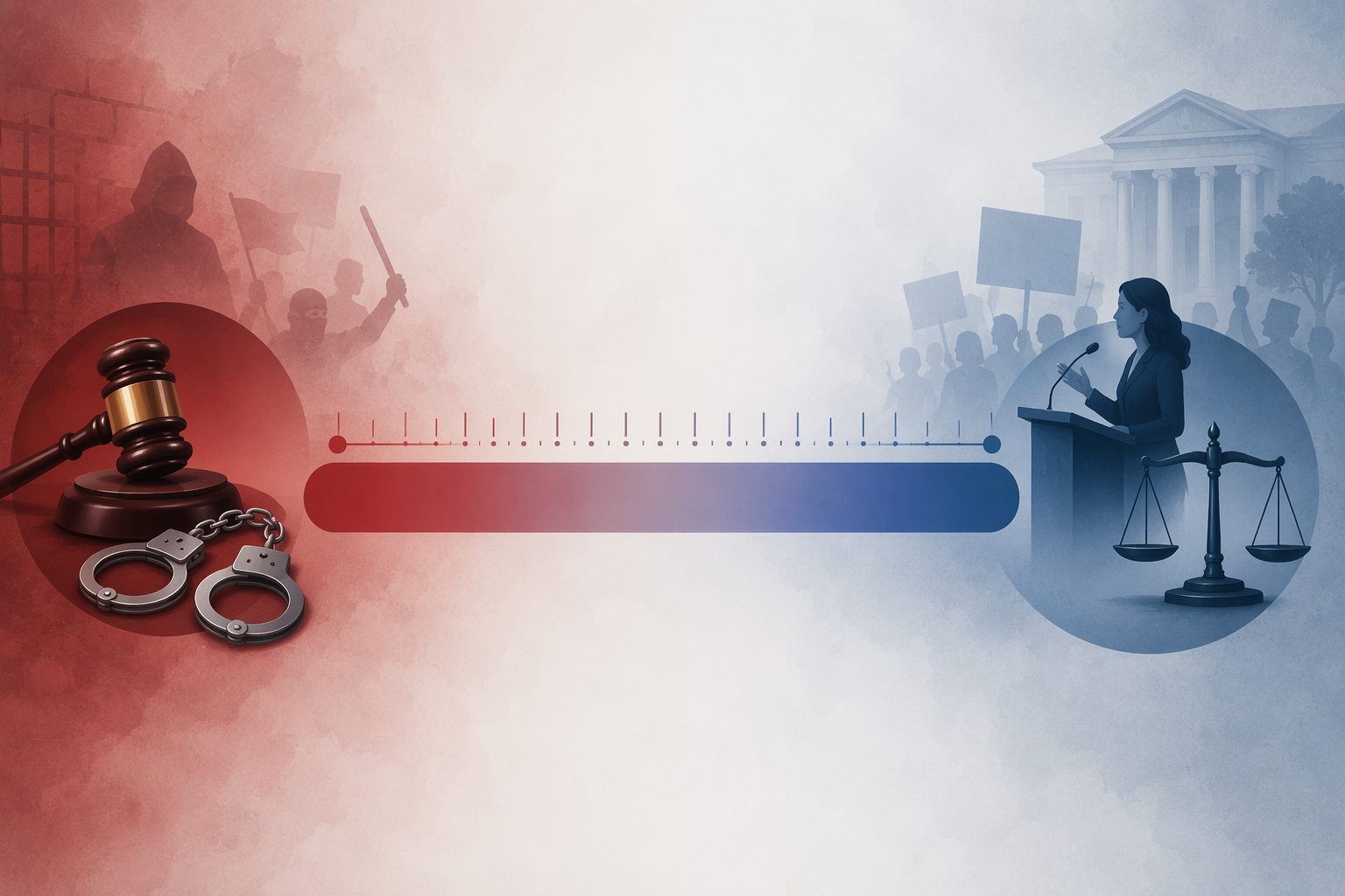 Editorial infographic showing a spectrum from illegal activity to lawful advocacy with a blurred middle zone
