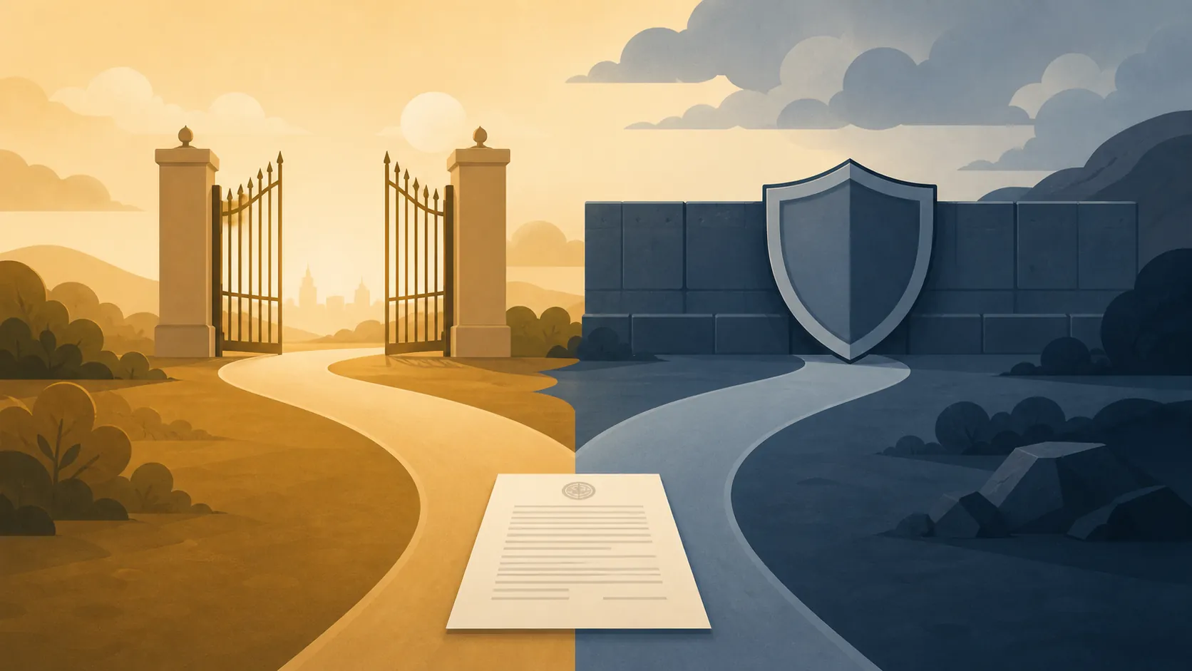 Document with two diverging pathways leading to an open gate and a barrier