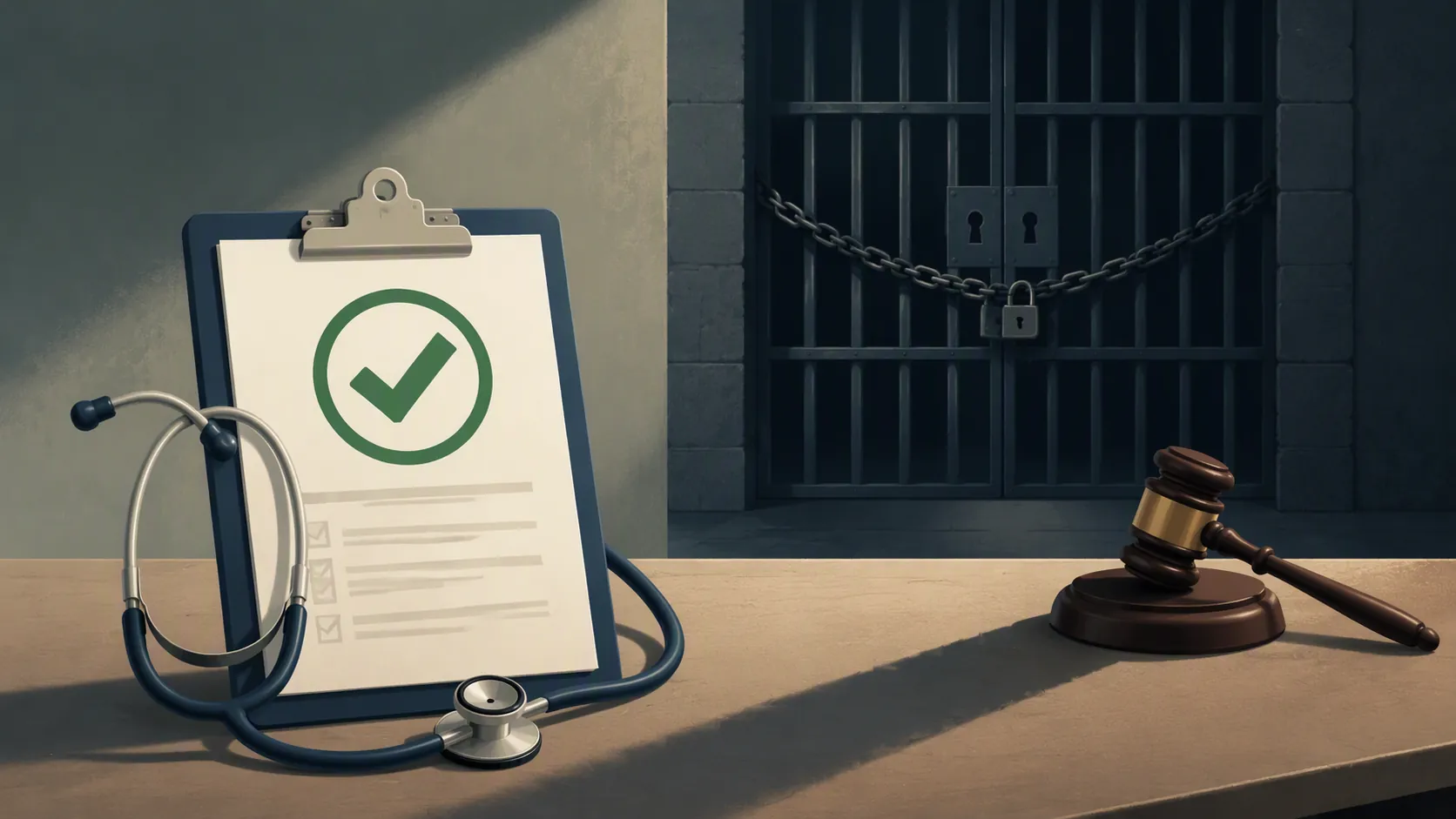Medical clipboard with a check mark in front of a prison gate and gavel