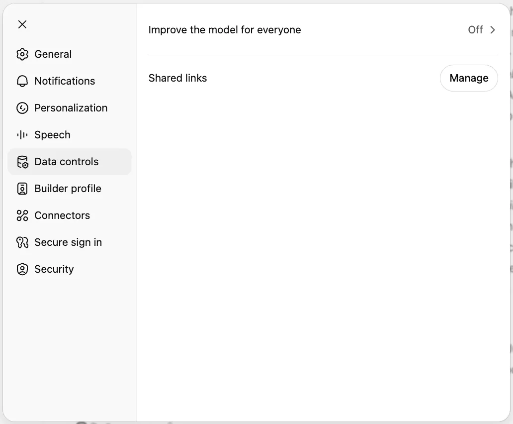 OpenAI Data Controls settings page with the Improve the model for everyone toggle turned off