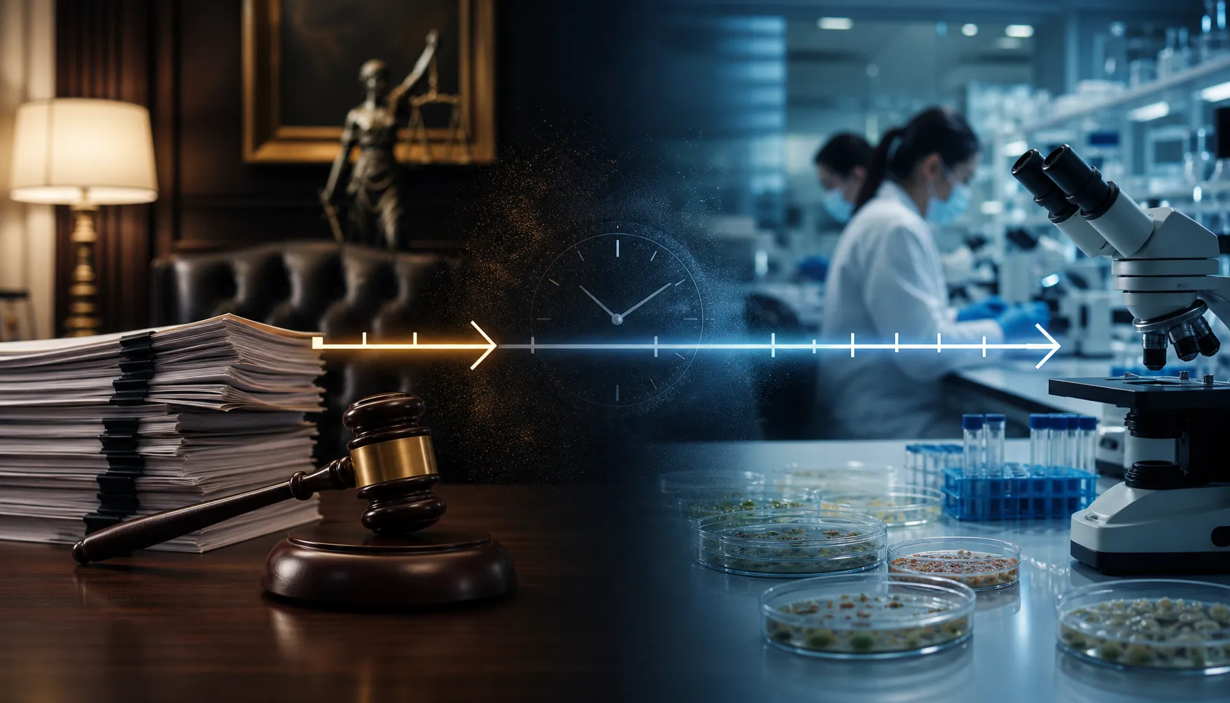 Law office and CDC laboratory connected by a compressed timeline showing legal action outpacing scientific confirmation
