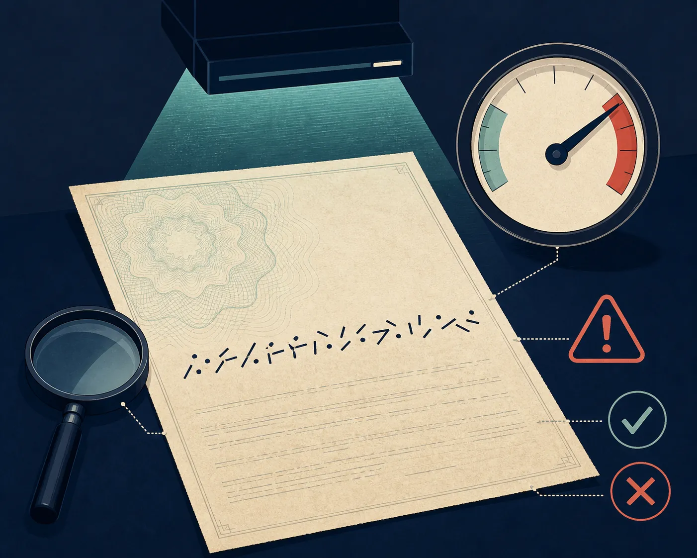 Document inspection illustration showing watermark, garbled text, and high AI-detection gauge