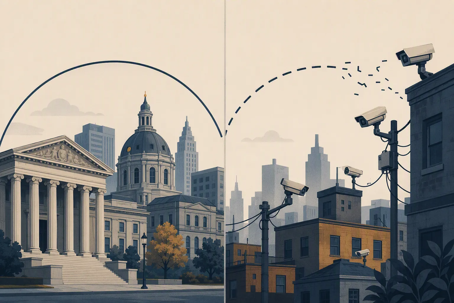 A courthouse and city hall contrasted with rooftop and utility-pole cameras outside a fragmented oversight boundary