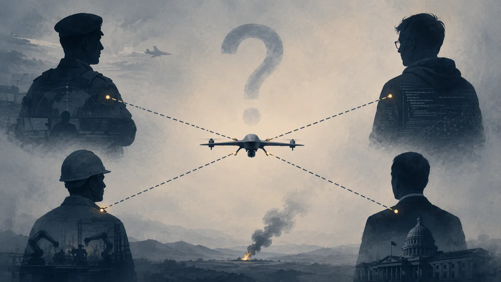 Human figures connected to a central drone by dashed lines with a question mark over the chain of responsibility