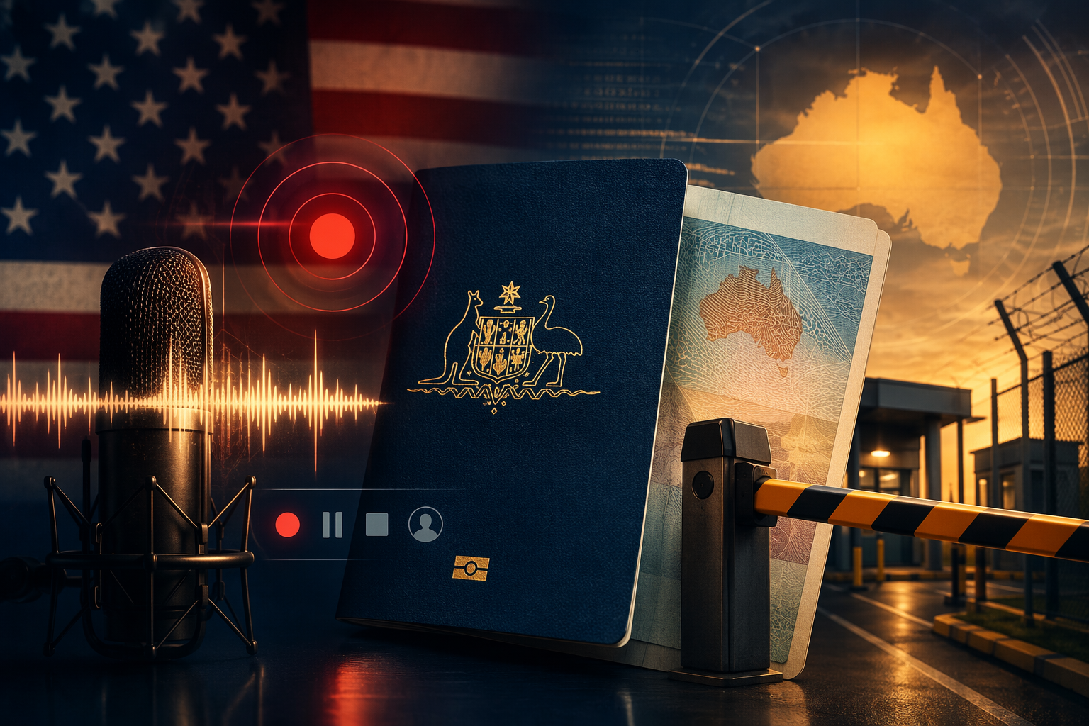 Stylized Australian visa document overlaid with streaming interface elements, an American flag motif, and an Australian border control gate
