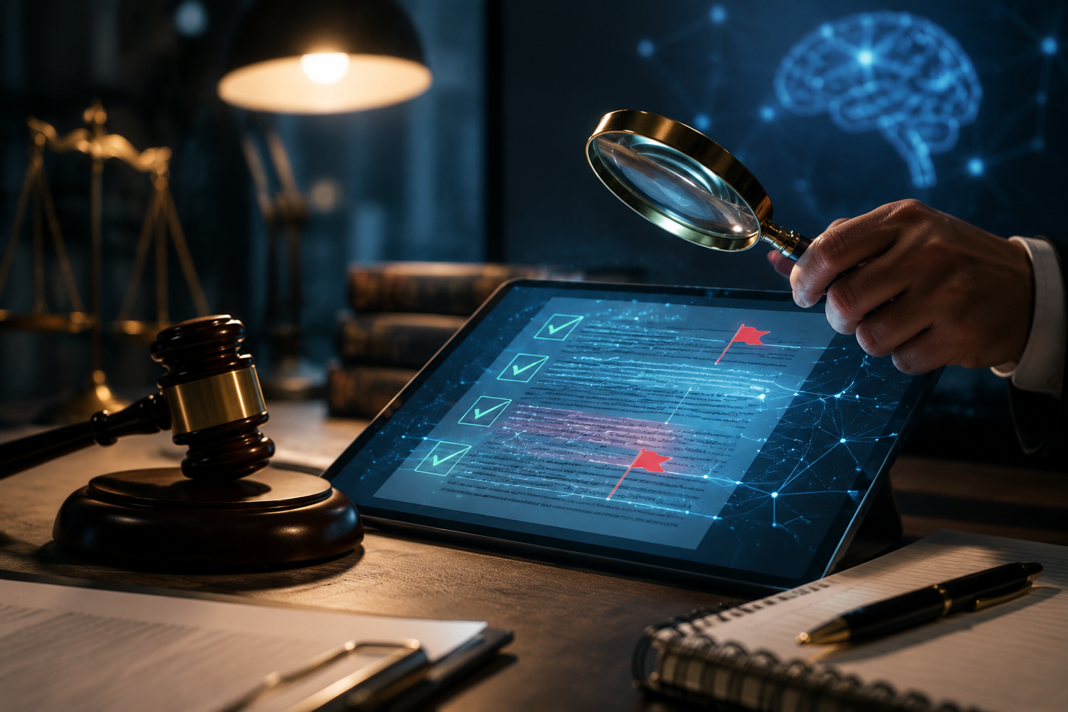 Legal workspace with an AI-generated document, magnifying glass, checkmarks, and red flags