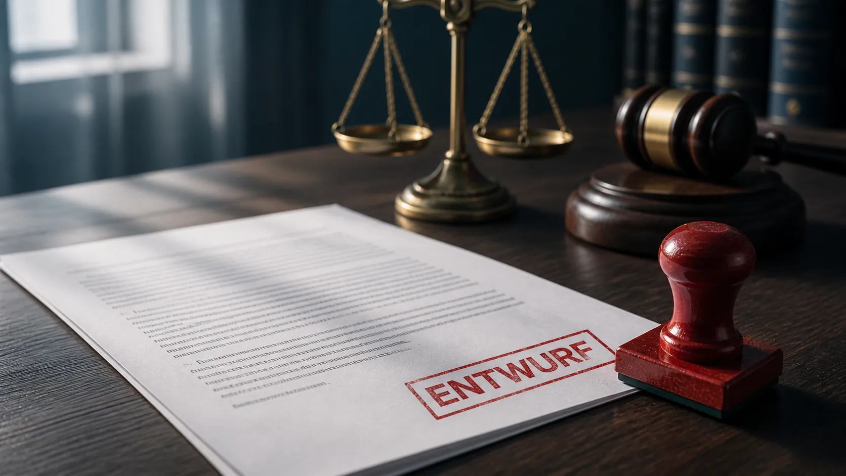 Draft legal document marked Entwurf beside scales of justice and a gavel