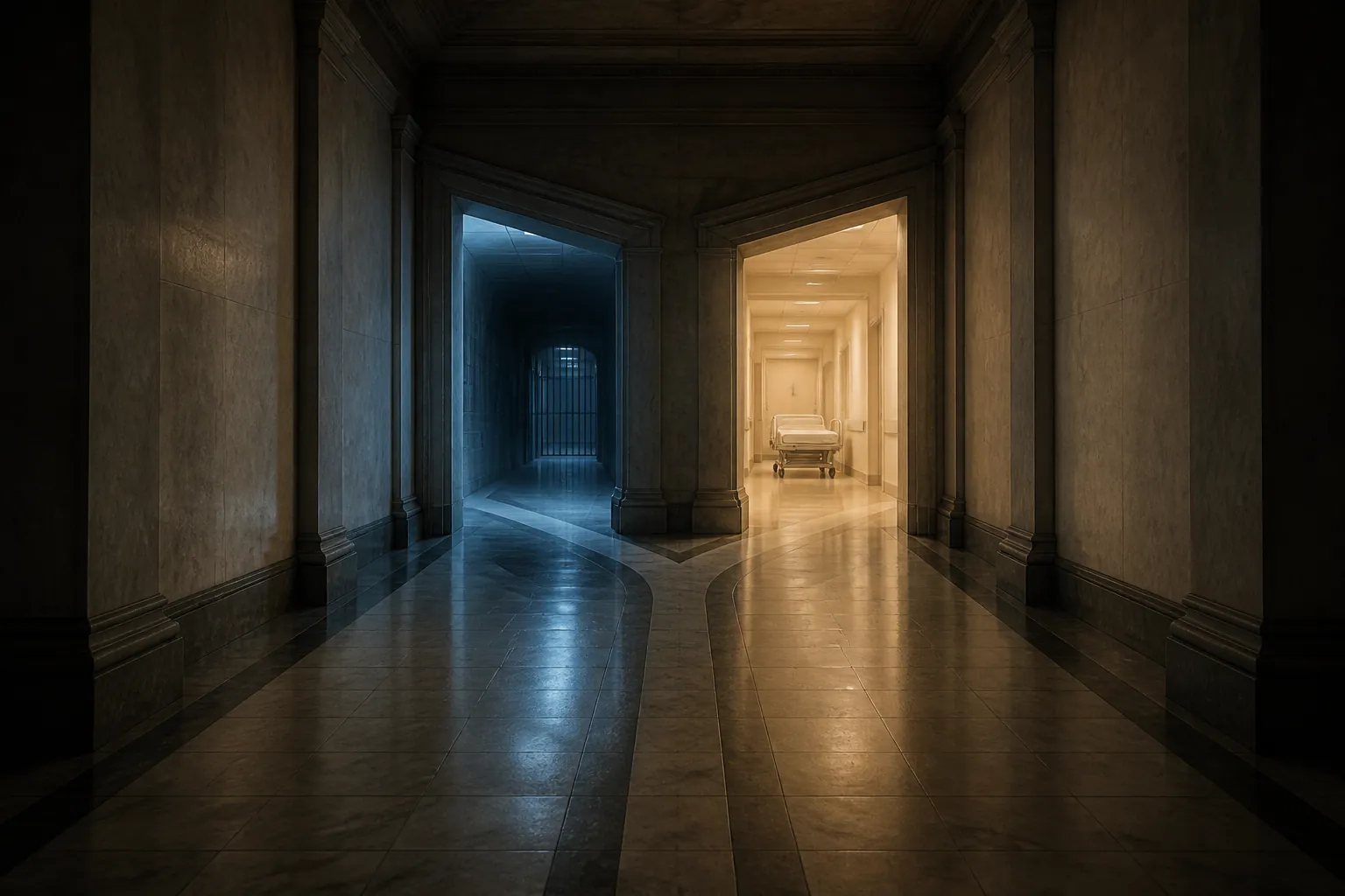 Empty courthouse corridor splitting toward prison bars on one side and a hospital corridor on the other