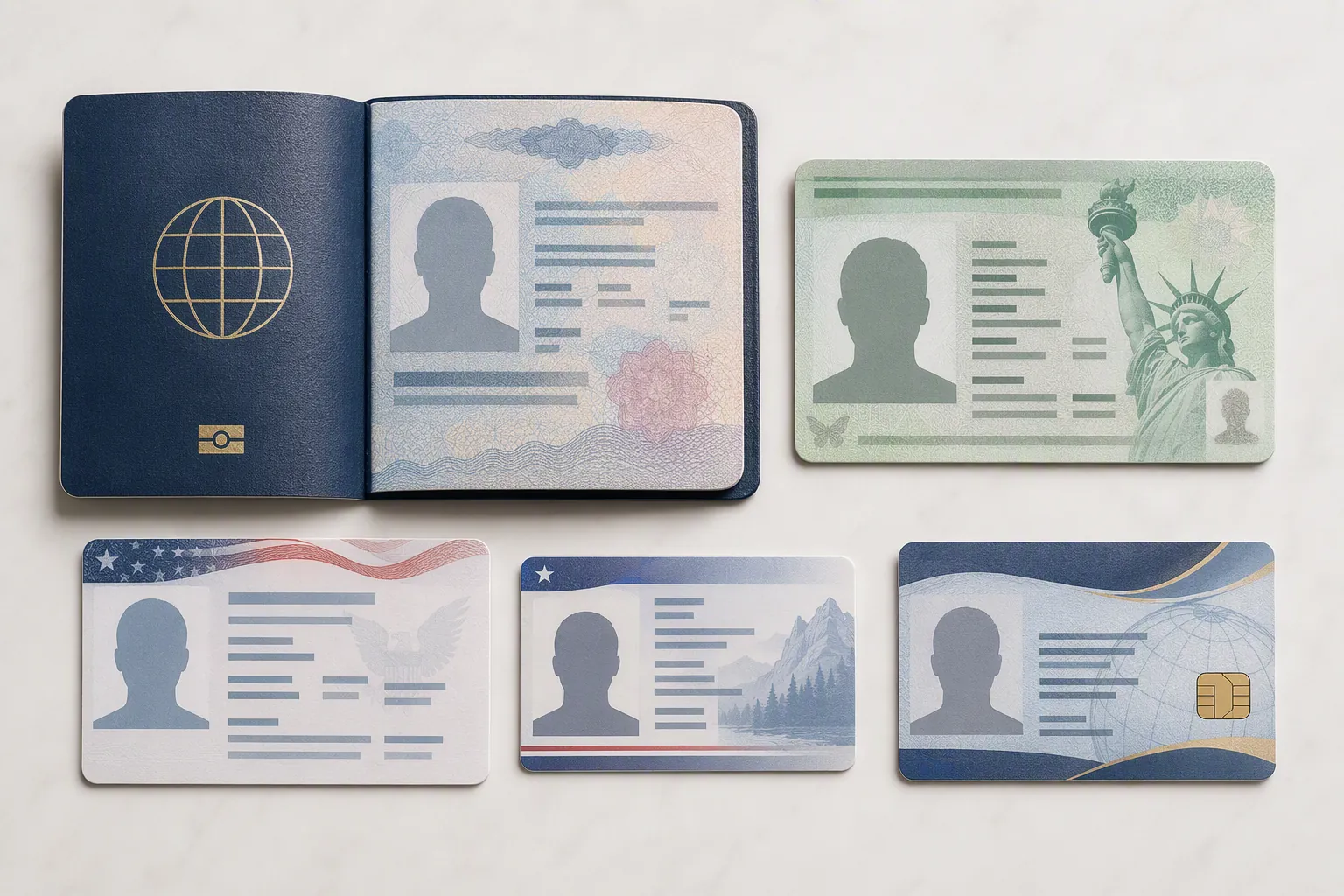 Flat lay of a foreign passport, permanent resident card, employment authorization card, border crossing card, and trusted traveler card