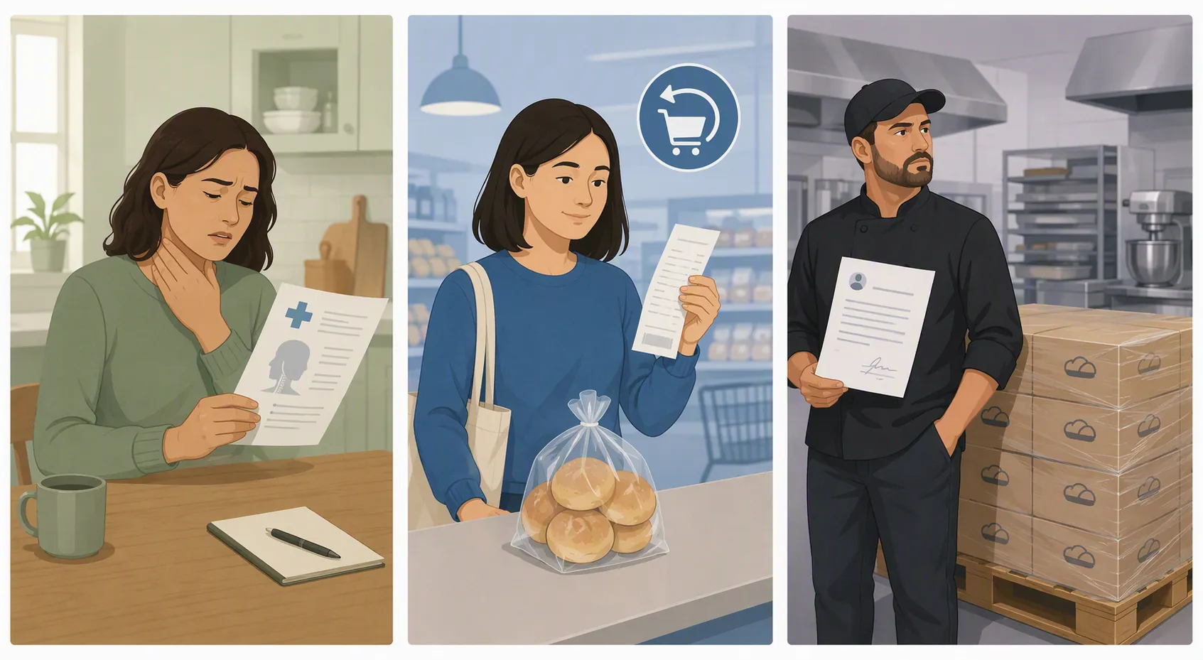Three claimant paths: injured consumer with medical report, uninjured shopper with receipt, and commercial kitchen worker with bulk dough contract