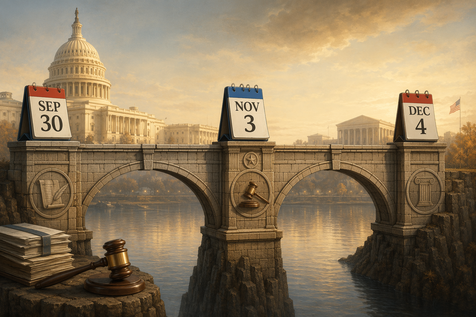 Conceptual bridge from the September 30 fiscal-year deadline across the November 3 midterm election marker toward December 4