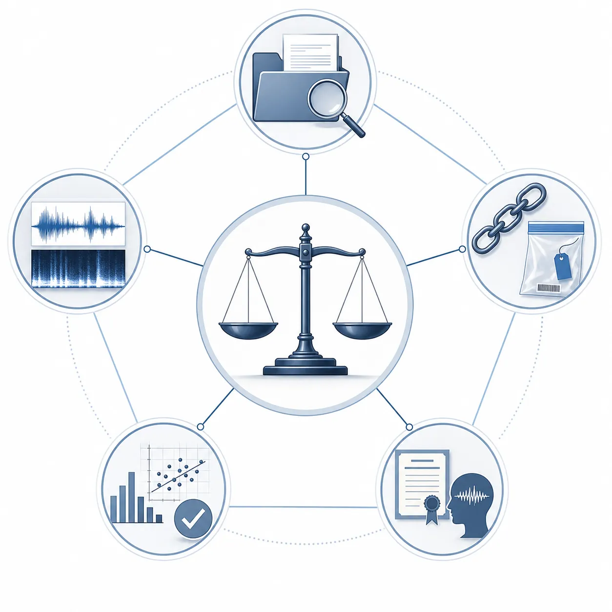 Editorial diagram showing courtroom scale connected to methodology disclosure, chain of custody, examiner qualifications, validation data, and baseline comparison