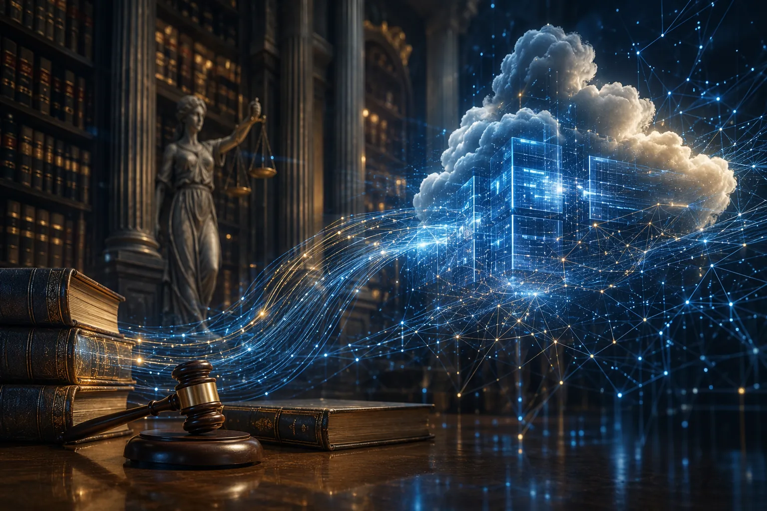 Classical legal imagery blended with cloud computing data streams and digital network structures