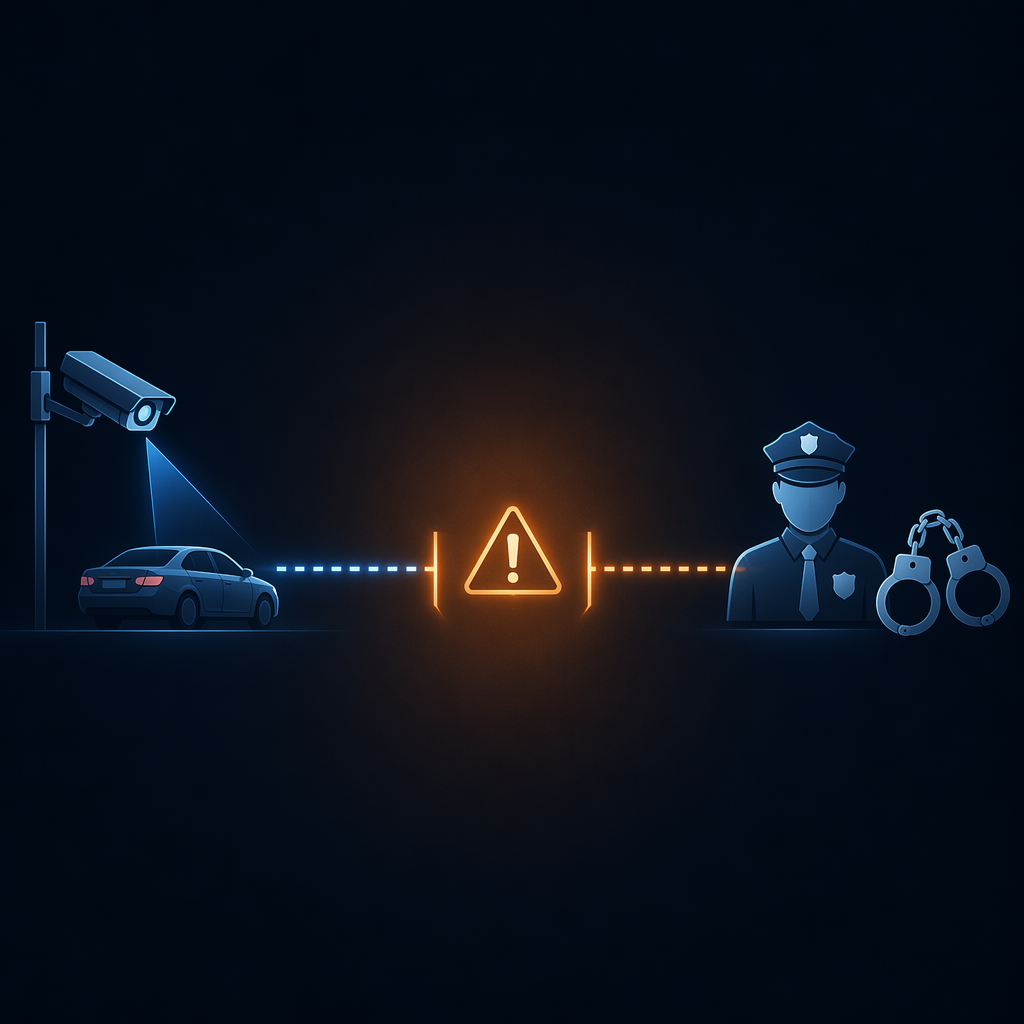 Illustration of an ALPR scan, a verification warning gap, and police enforcement action