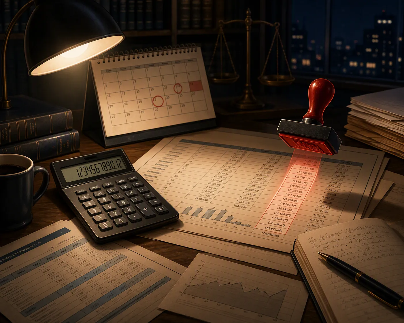 Lawyer's desk at night with calculator, damages spreadsheet, deadline calendar, interest-rate schedule, and verification stamp