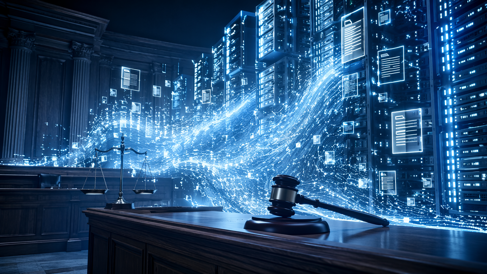 Courtroom bench surrounded by server racks and digital data streams