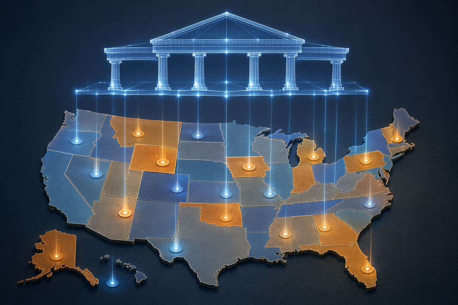 United States map showing a federal alert framework above varied state-level nodes