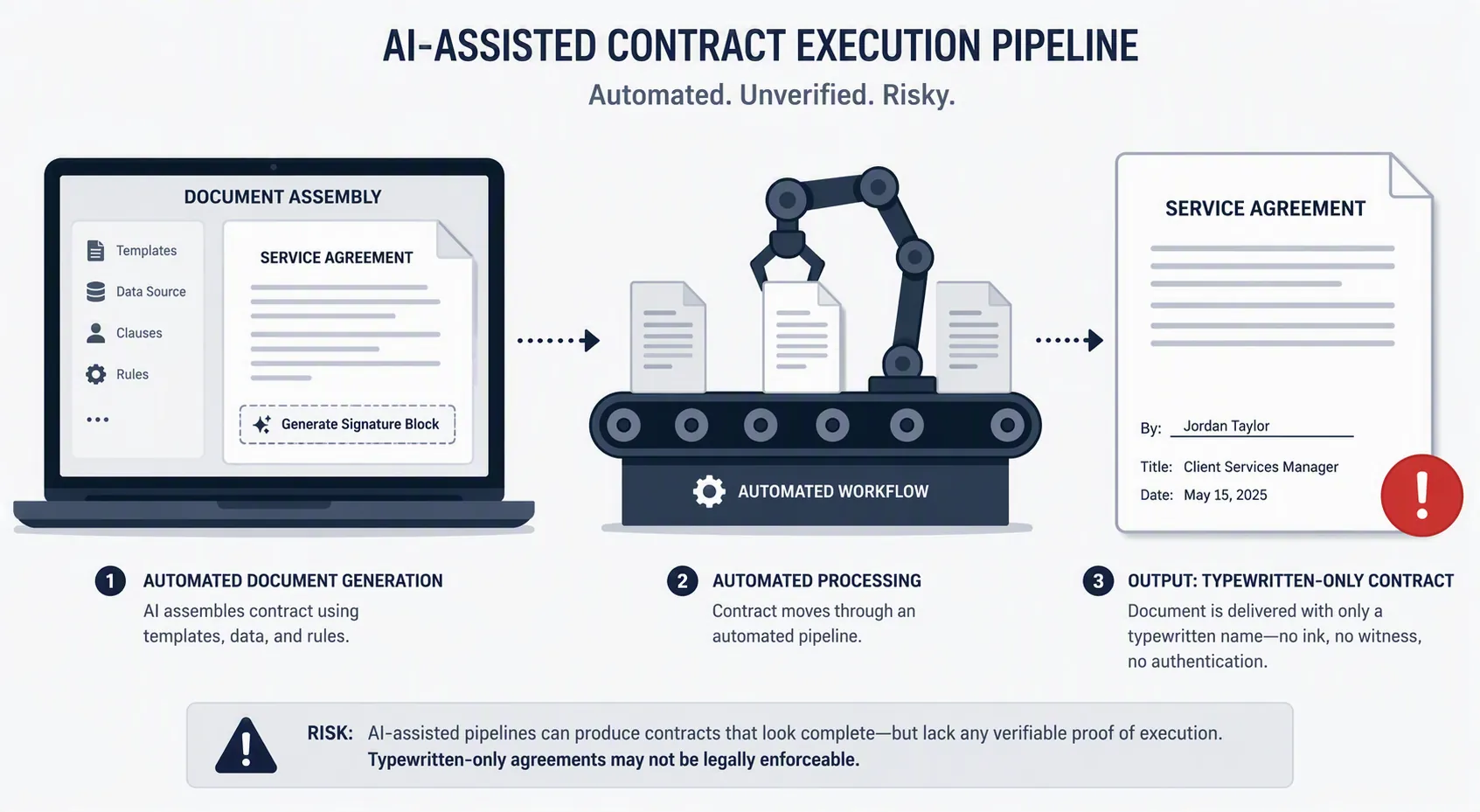 Automated contract pipeline generating a signature block that outputs a document with only a typewritten name and no authentication marker