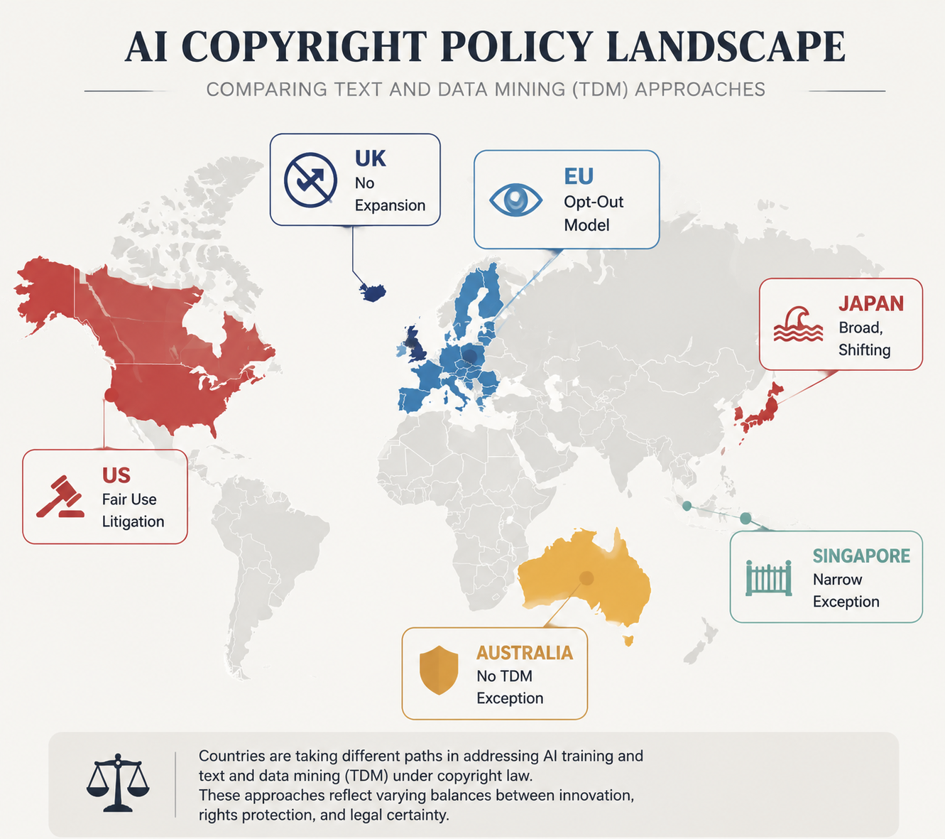 World map comparing AI copyright stances in Australia, the EU, the US, the UK, Japan, and Singapore