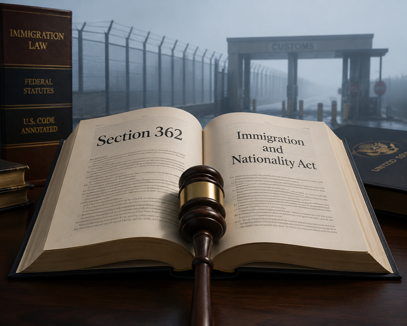 An open law book showing Section 362 and the Immigration and Nationality Act with a gavel and a fading barrier behind it.