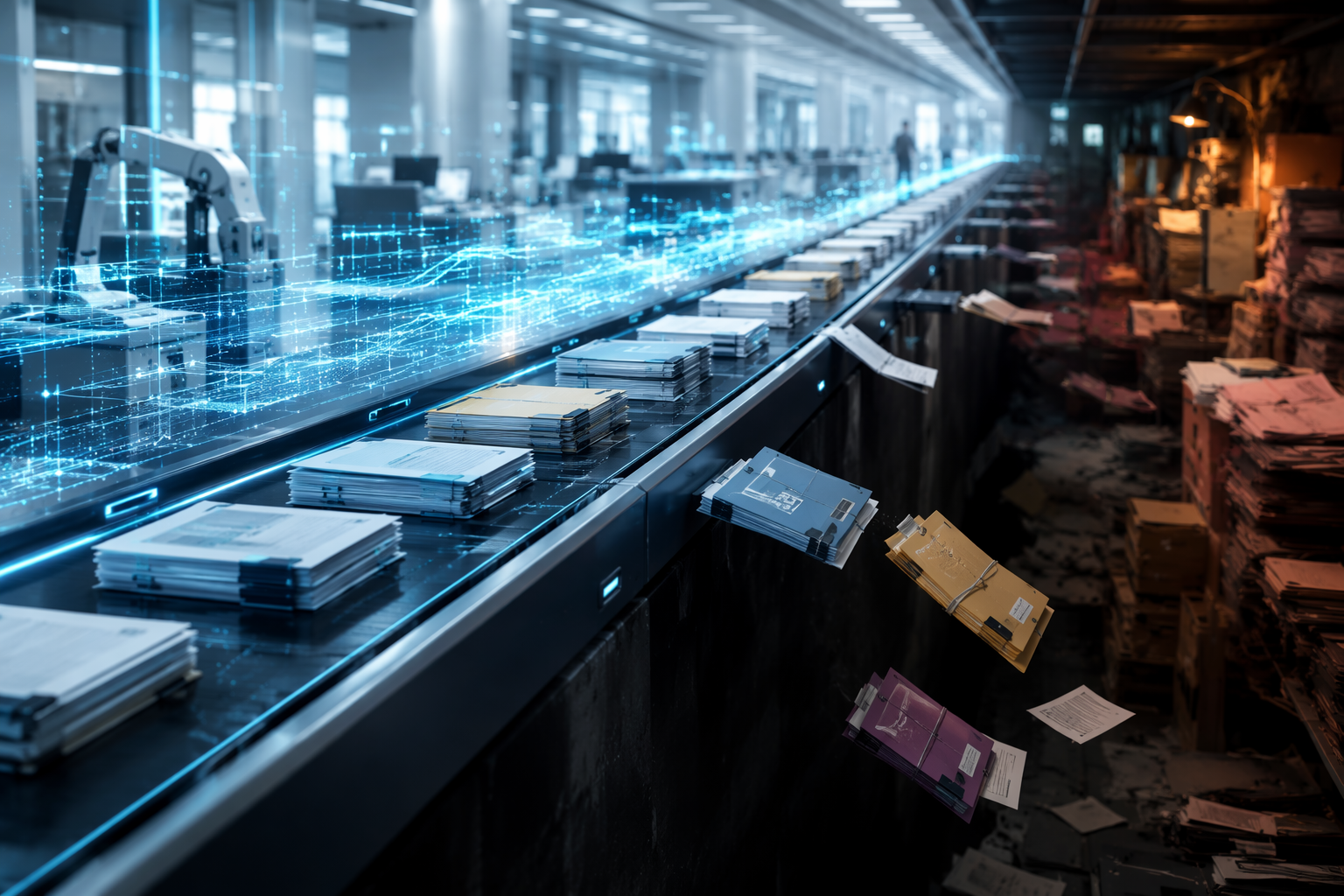 AI-assisted disability claim files moving through a streamlined pipeline while unusual files slip off the main track
