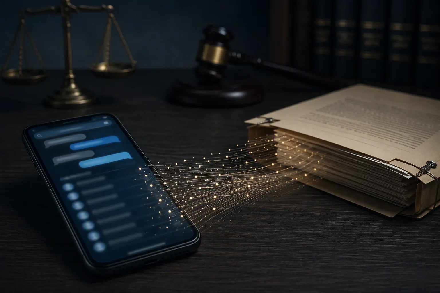 Smartphone chat data flowing into a criminal case file with legal scales and a gavel in shadow